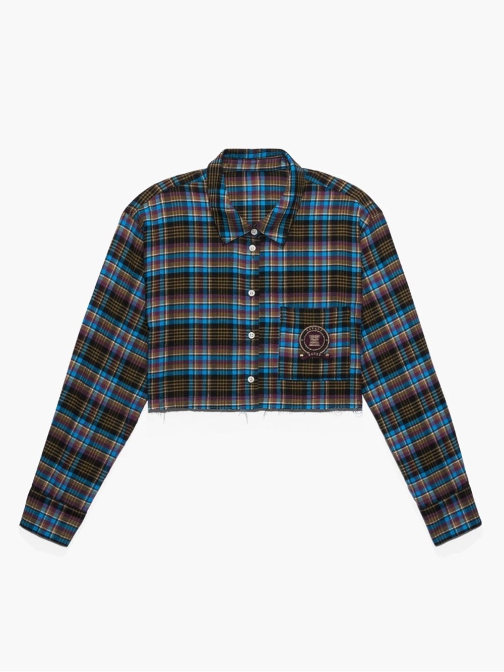 Savage X Fenty Cropped Plaid Button-Up Top in Blue, Black and Brown